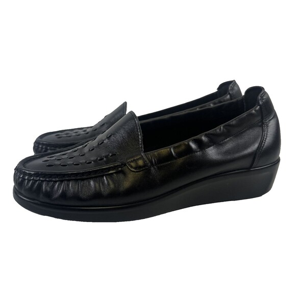 SAS Weave Slip On Loafer Black Leather Moc Toe Wedge Comfort Womens 8 W Wide - Picture 1 of 11
